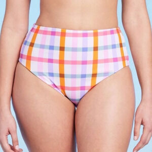 NWT Kona Sol Sz Medium High Waist Plaid Bikini Bottoms Swim Swimsuit White New